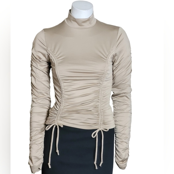 Long Sleeve Tight Fitted Mock Neck Ruched Top Taupe - Picture 2 of 7